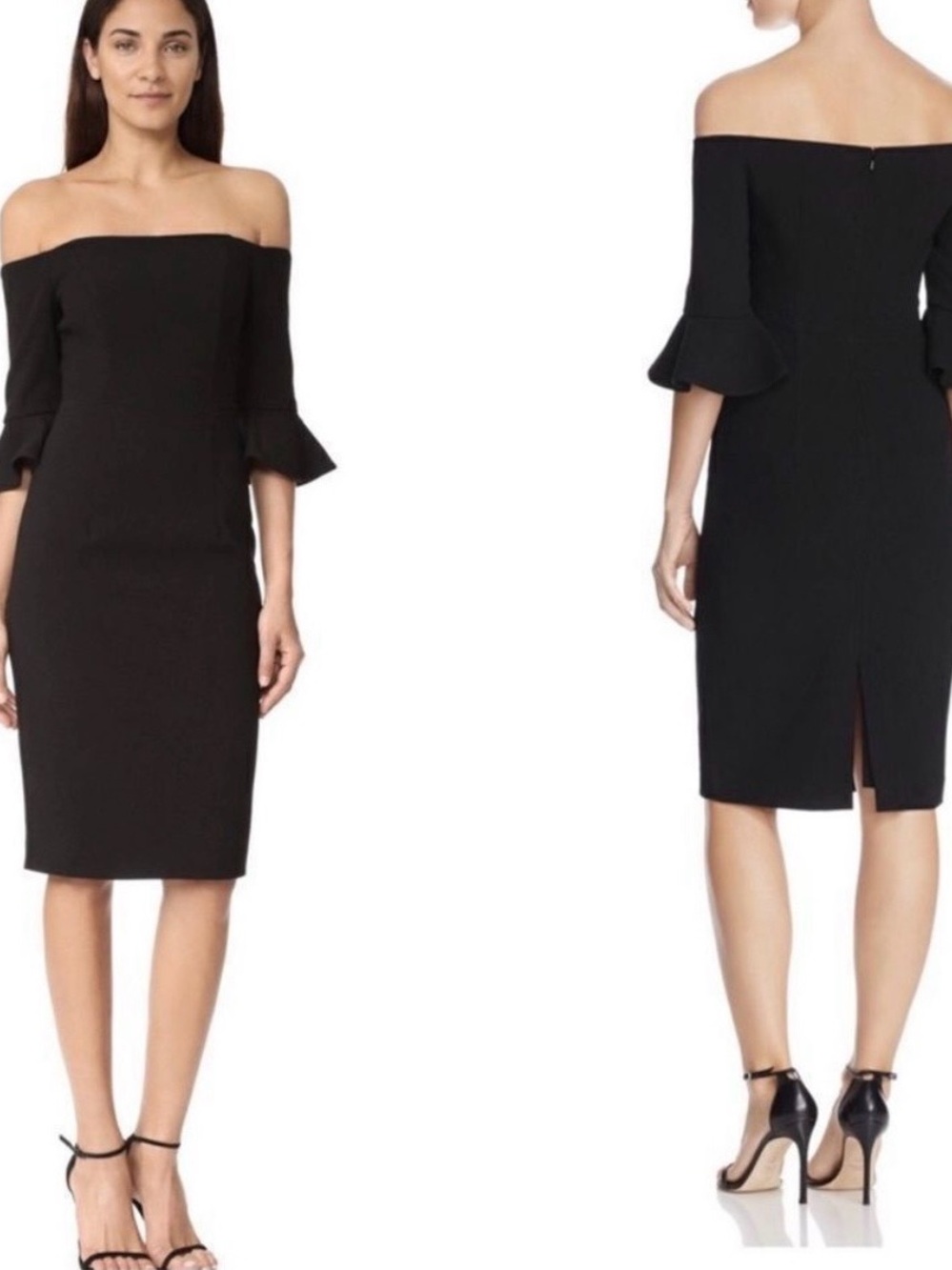 Black Halo Off-Shoulder Black Midi Dress with Ruffle Sleeves, Size 6